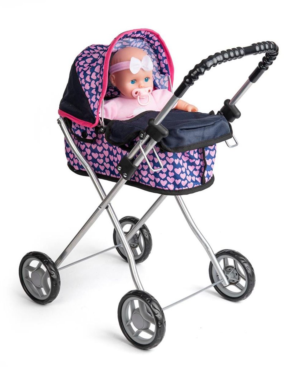 Dukkevogn 59cm Blå med Rosa Mønster