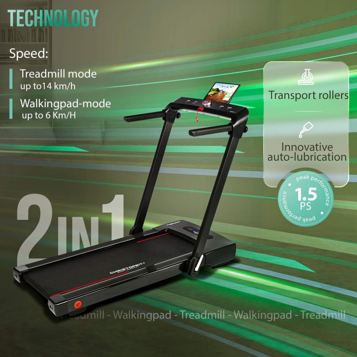 Tredemølle - Max 14 km/t - 8 Elektriske stigningsnivåer  - Plassbesparende