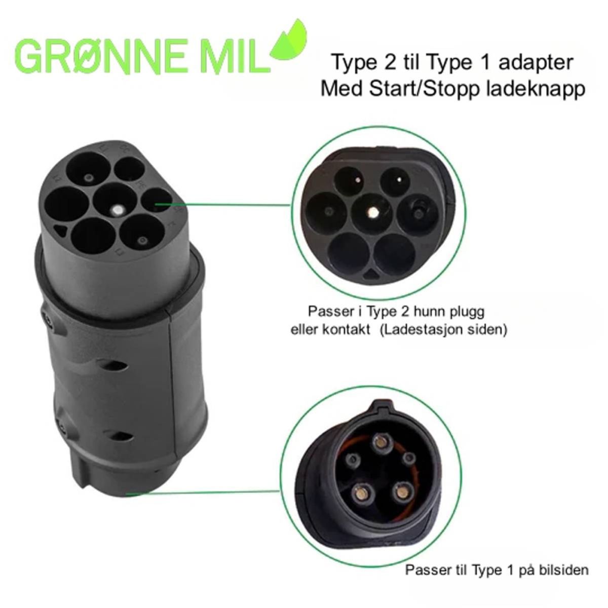 Adapter for ladekabel elbil - Type 2 til Type 1