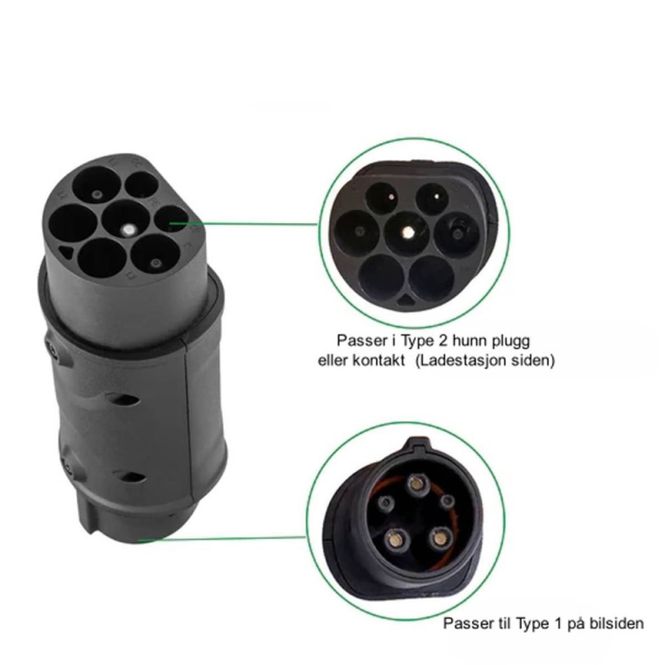 Hovedbilde Type 2 til Type 1 Adapter for ladekabel elbil 