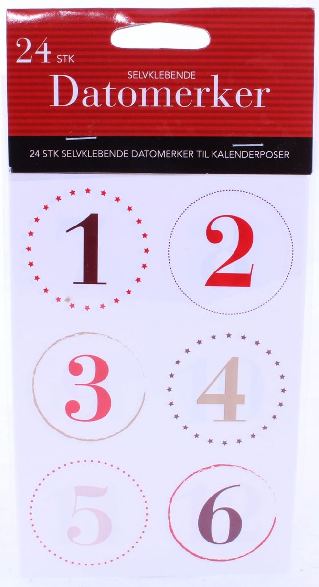 Selvklebende Etiketter med nr fra 1 til 24 for merking av kalendergaver