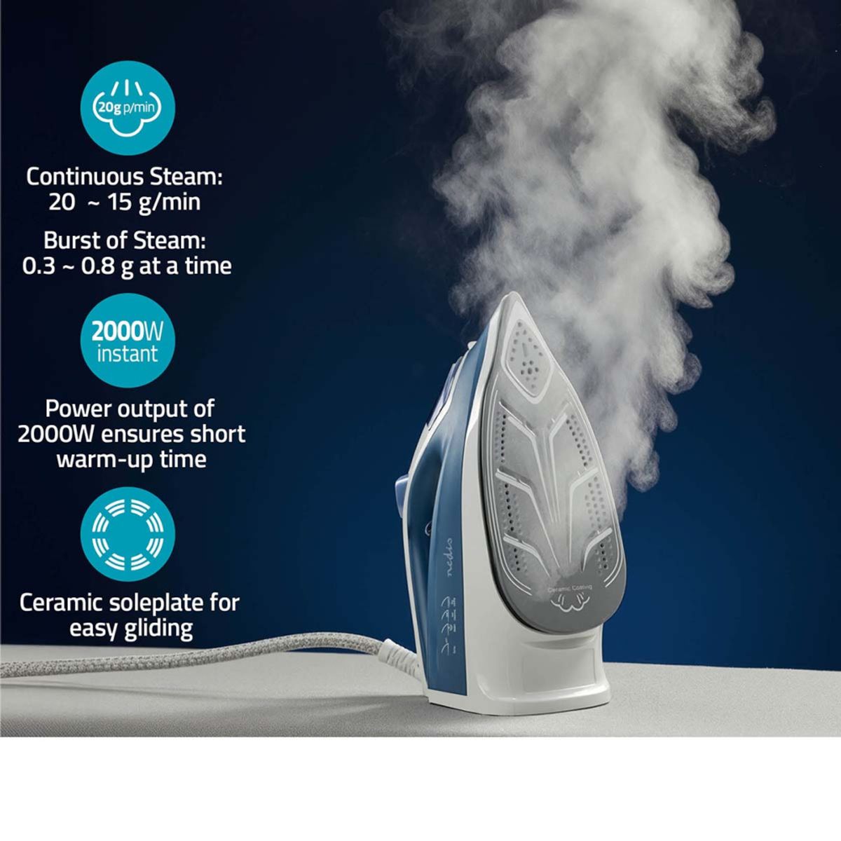 Dampstrykejern 2000 watt, Keramisk - Nedis